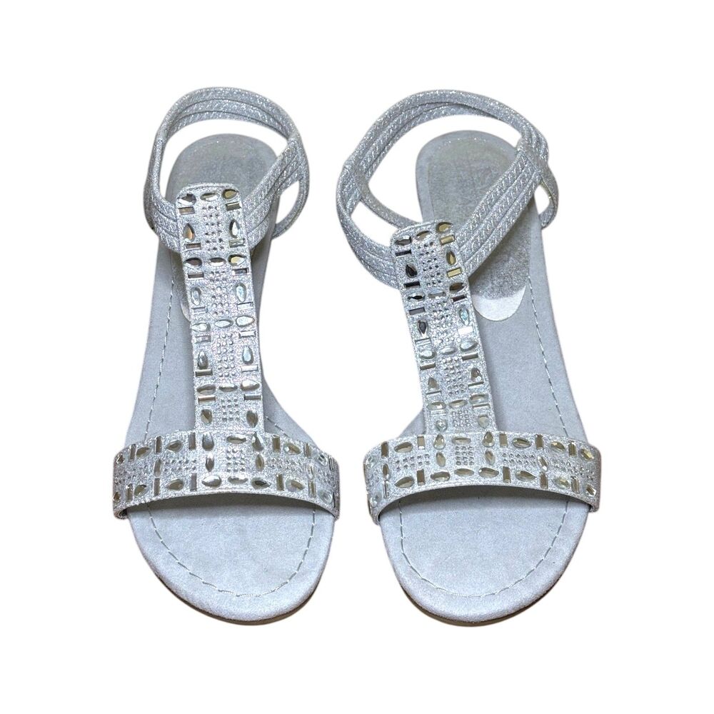 New York Transit Friend Ship Rhinestone T-Strap Wedge Sandals Silver Size 8.5